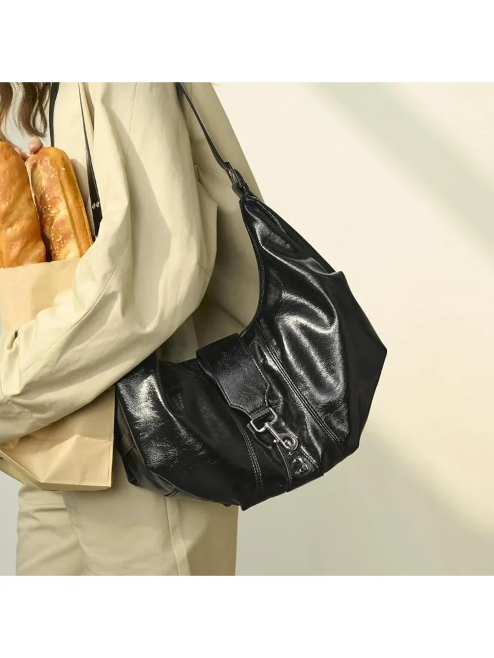 Trendy Y2K Leather Hobo Purse, Buckle Clutch Bag, Large Shoulder Tote for Women